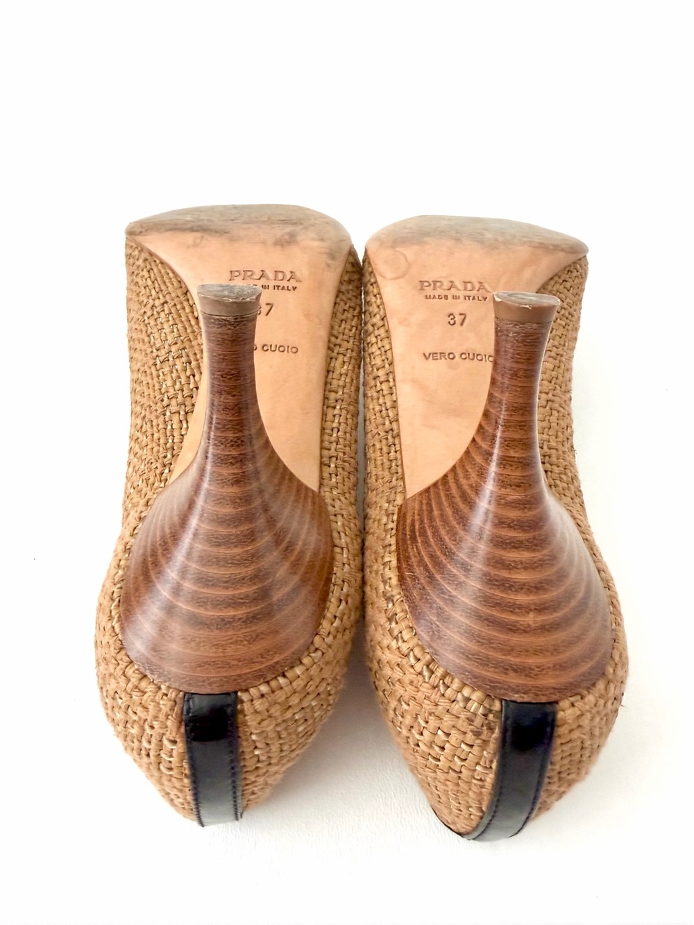 PRADA | Vintage Raffia Woven Leather Tan Pointed Toe Kitten Heel Pumps EU 37 - Picture 14 of 14